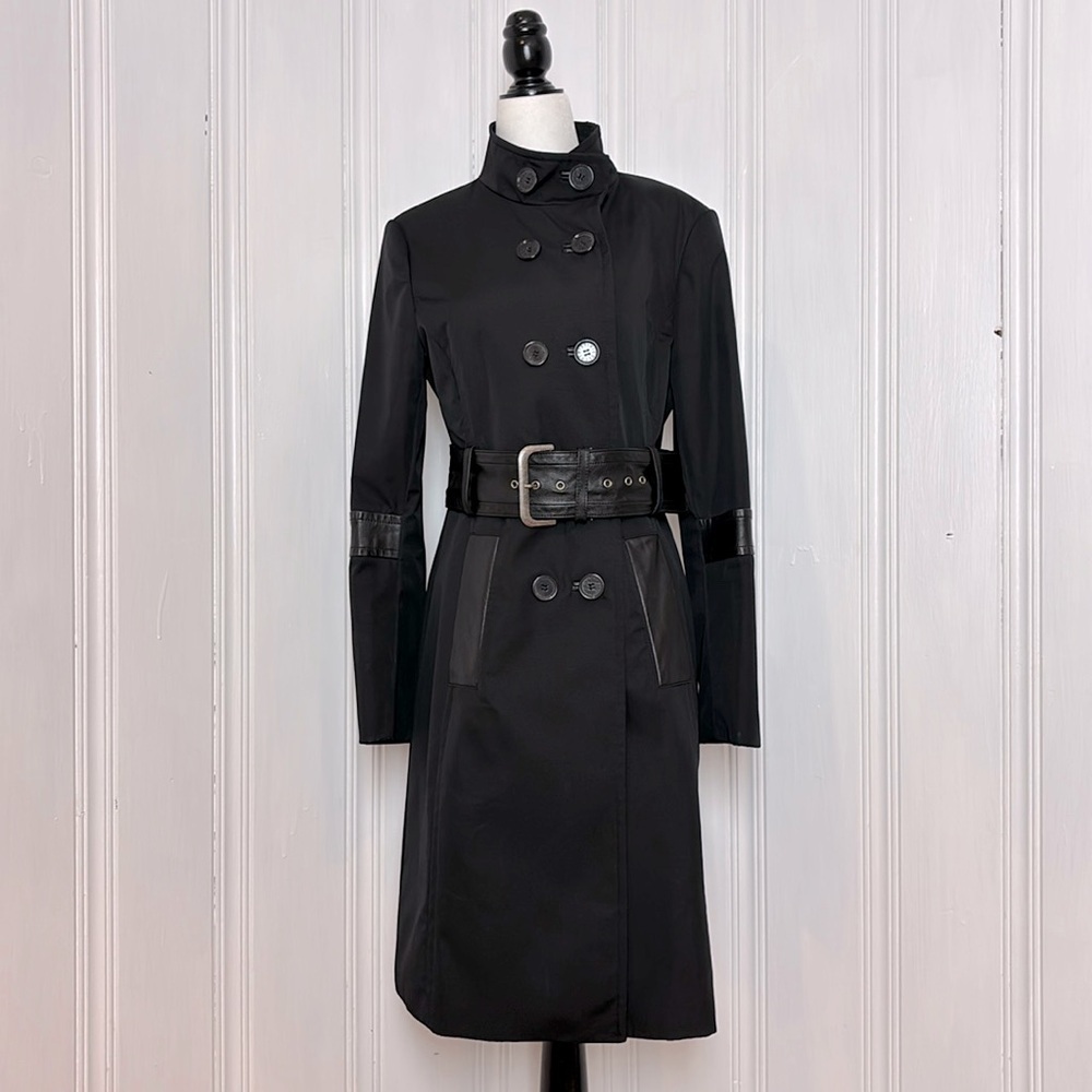 NICOLE BENISTI Black Trench Coat with Faux Leather Accents